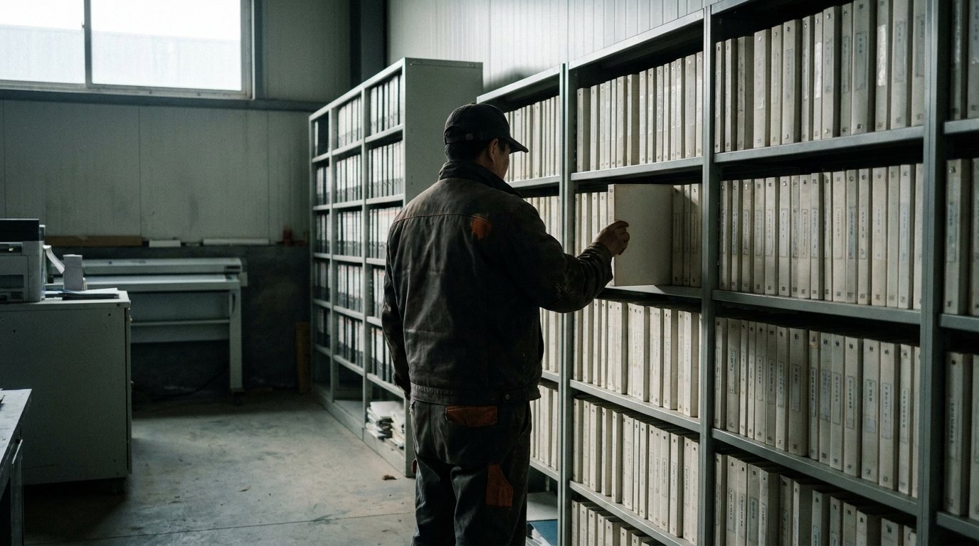 Un operario cogiendo una carpeta de una estantería de archivo llena de clasificadores