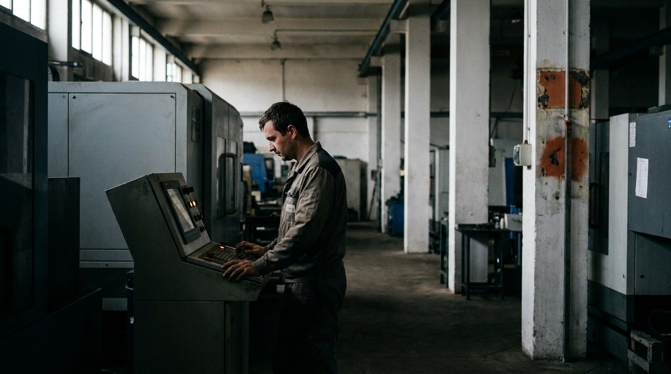 Un operario ante el panel de control de una máquina de control numérico, en una nave con columnas