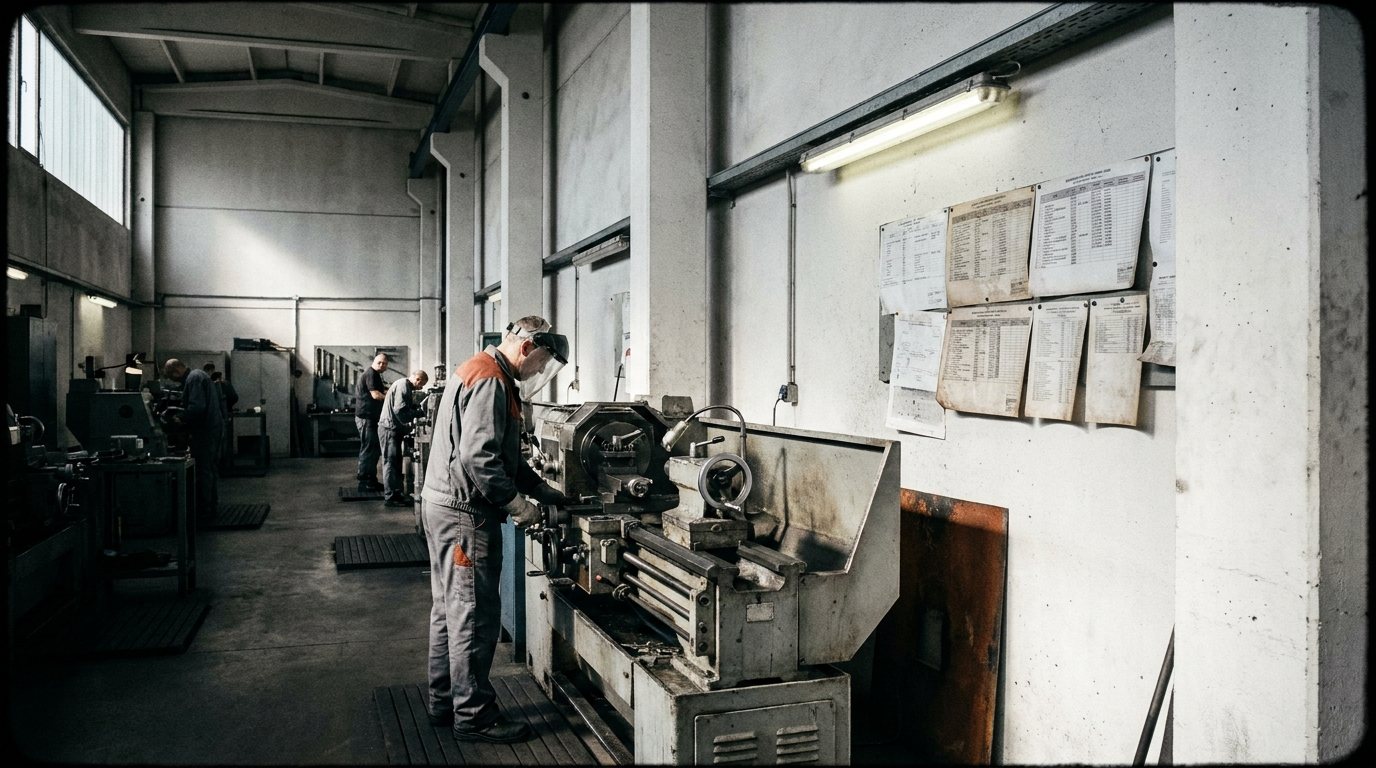 Hojas de producción clavadas en la pared mientras un operario trabaja en un torno